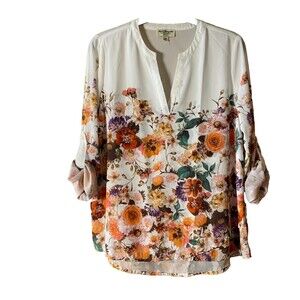 Norm‎ Thompson Blouse Women's Sz PM Floral Tunic Top Boho Romantic White